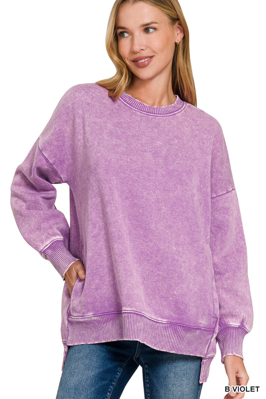 Acid Wash Fleece Hi-Low Hem Pullover (with POCKETS!)--Violet
