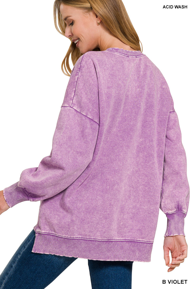 Acid Wash Fleece Hi-Low Hem Pullover (with POCKETS!)--Violet
