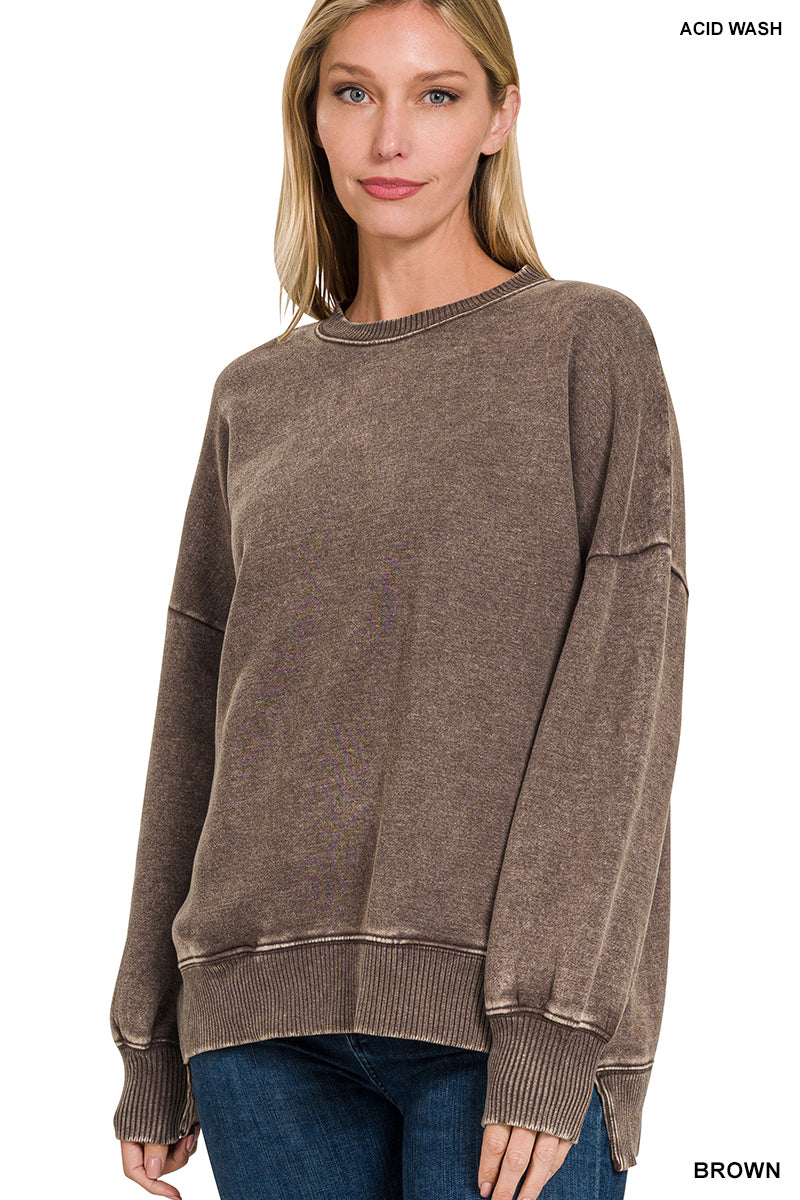 Acid Wash Fleece Hi-Low Hem Pullover (with POCKETS!)--Brown