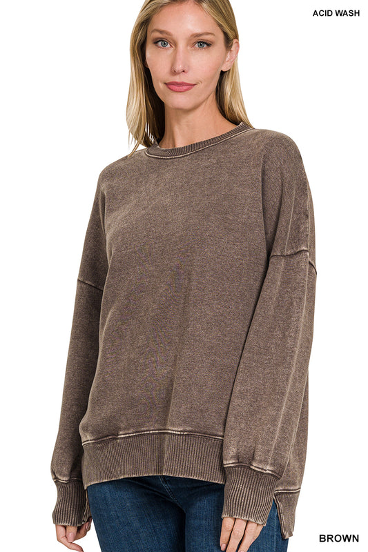 Acid Wash Fleece Hi-Low Hem Pullover (with POCKETS!)--Brown