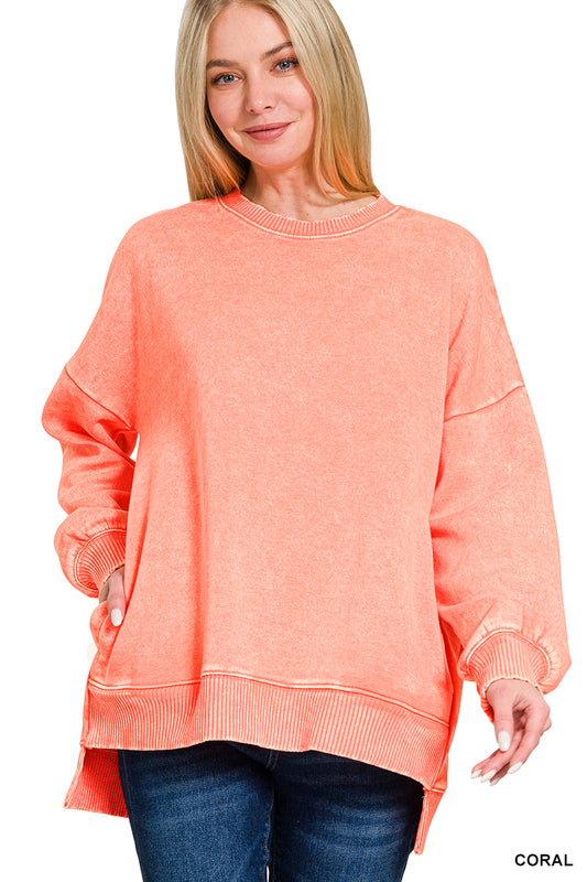 Acid Wash Fleece Hi-Low Hem Pullover (with POCKETS!)--Coral, PLUS