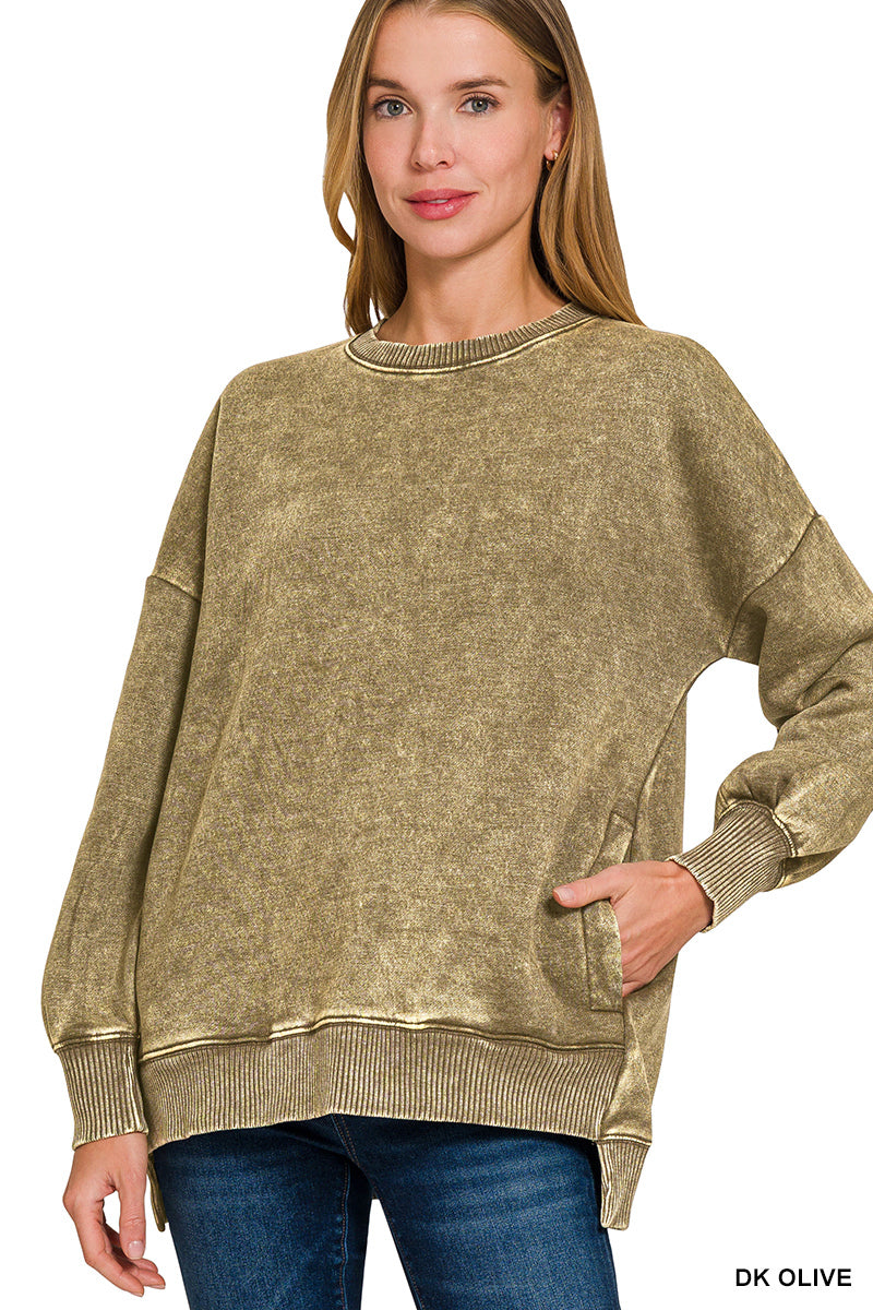 Acid Wash Fleece Hi-Low Hem Pullover (with POCKETS!)--Olive (PLUS)