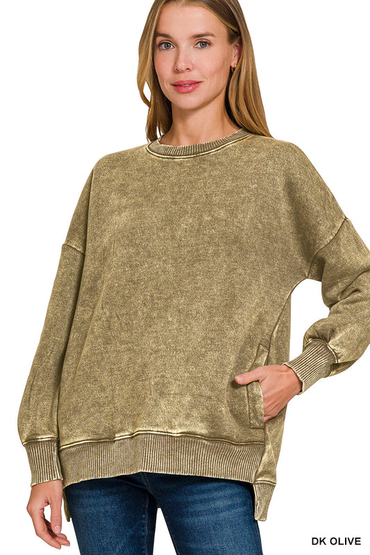 Acid Wash Fleece Hi-Low Hem Pullover (with POCKETS!)--Olive (PLUS)