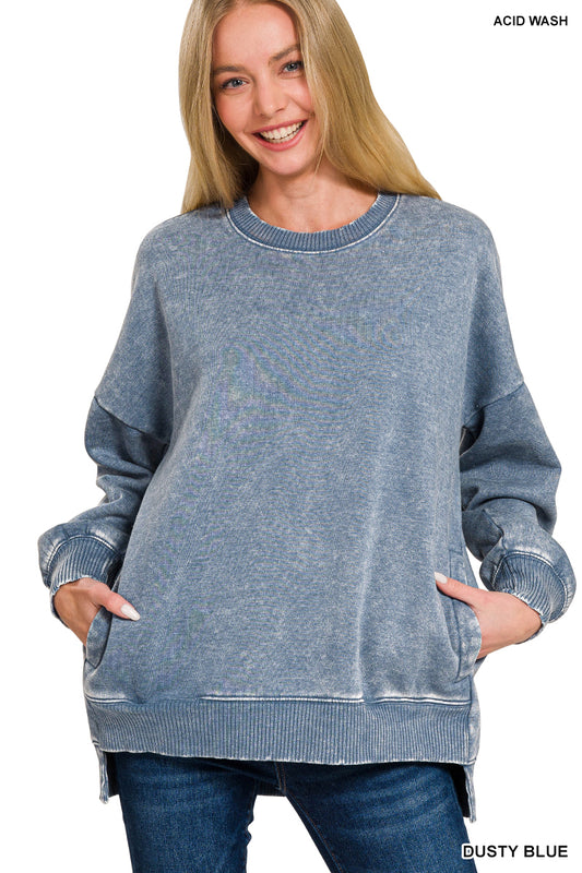 Acid Wash Fleece Hi-Low Hem Pullover (with POCKETS!)--Dusty Blue