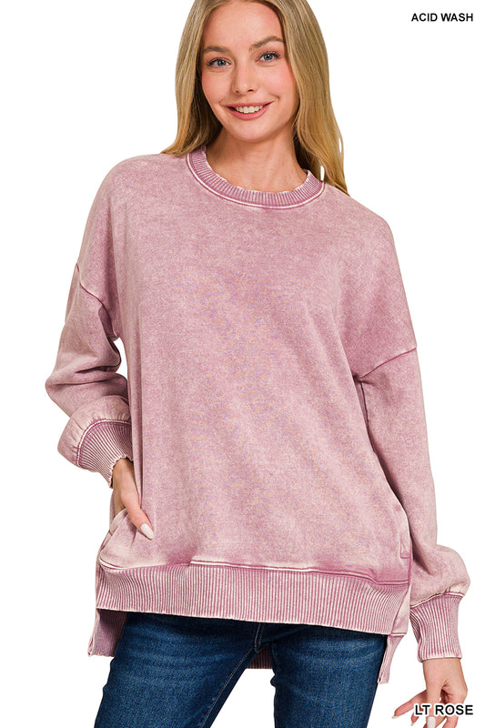 Acid Wash Fleece Hi-Low Hem Pullover (with POCKETS!)--Rose