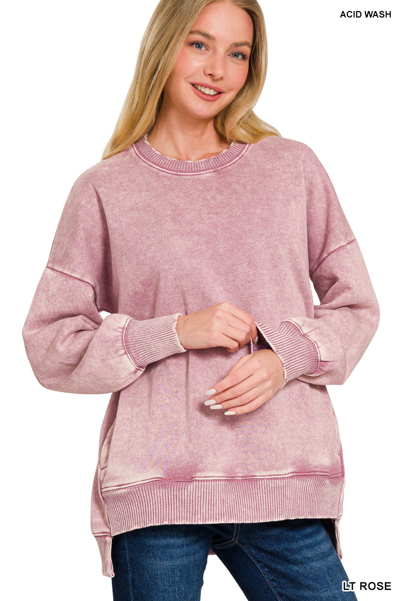Acid Wash Fleece Hi-Low Hem Pullover (with POCKETS!)--Rose