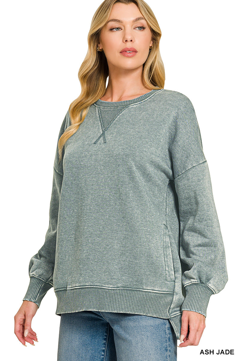 Ash Jade Acid Wash Fleece Hi-Low Hem Pullover with POCKETS