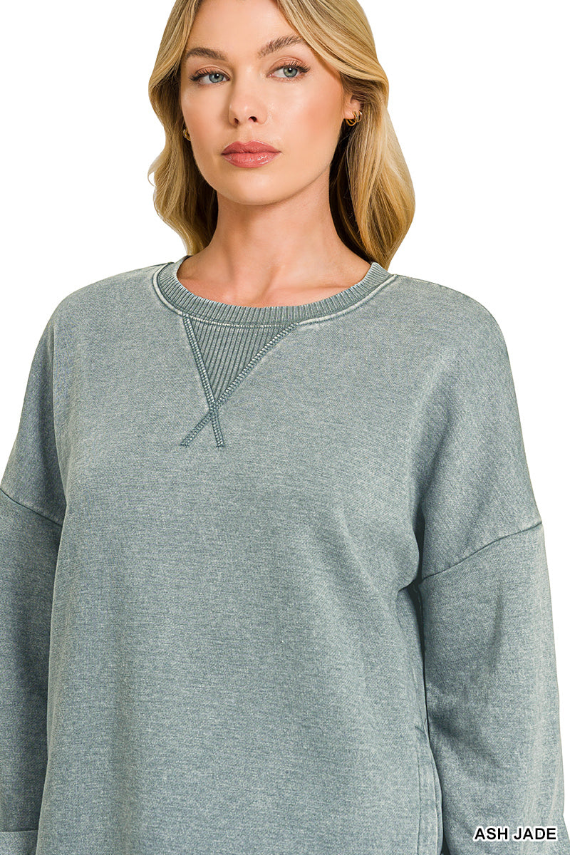 Ash Jade Acid Wash Fleece Hi-Low Hem Pullover with POCKETS