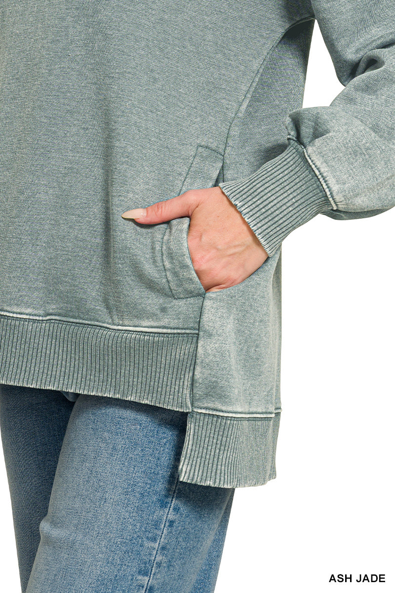 Ash Jade Acid Wash Fleece Hi-Low Hem Pullover with POCKETS
