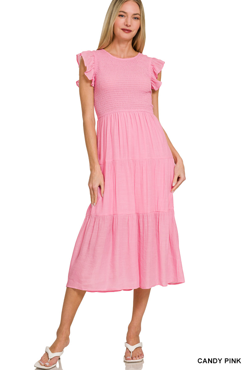 Candy Pink Woven Smocked Ruffle Sleeve Midi Dress