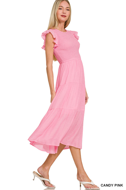 Candy Pink Woven Smocked Ruffle Sleeve Midi Dress