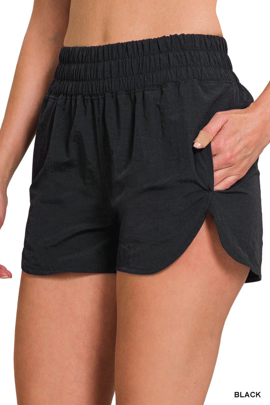 Black Windbreaker Smocked Waistband Running Shorts