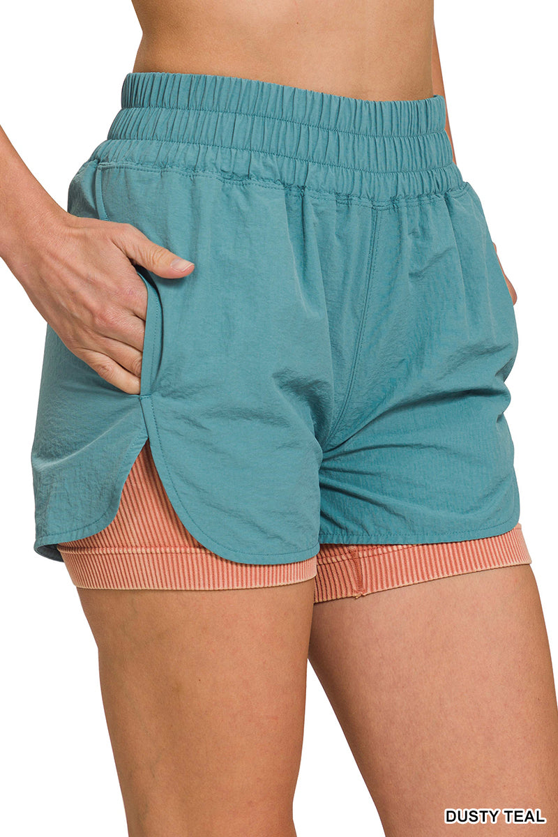 Dusty Teal Windbreaker Smocked Waistband Running Shorts