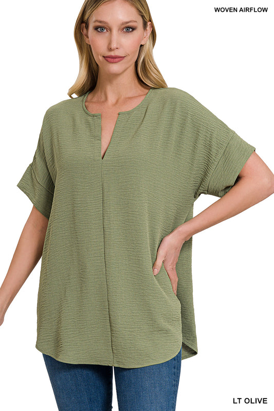 Woven Airflow Split Neck Top--Lt Olive
