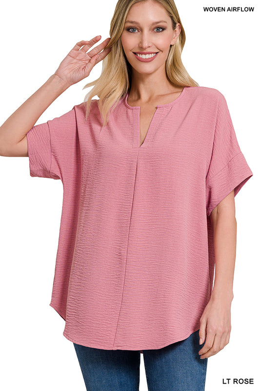 Woven Airflow Split Neck Top--Lt Rose