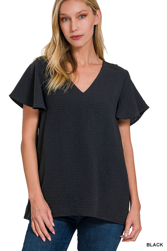 Woven Airflow Flutter Sleeve Top--Black