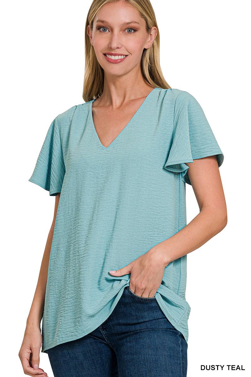 Woven Airflow Flutter Sleeve Top--Dusty Teal