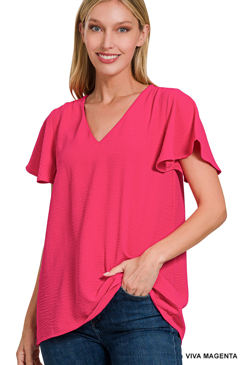 Woven Airflow Flutter Sleeve Top--Viva Magenta