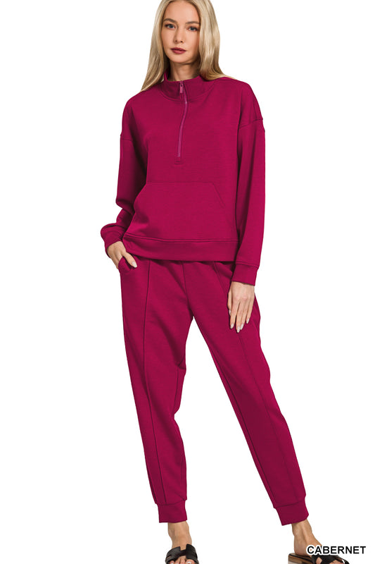CABERNET SCUBA HALF ZIP KANGAROO POCKET SWEATSHIRTS & PINTUCK JOGGERS SET