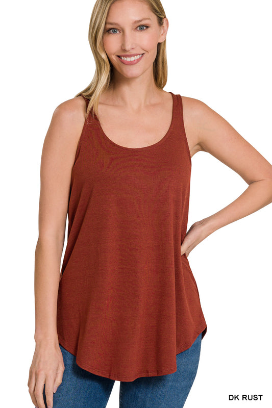 Sleeveless Round Neck Hem Top--Dark Rust