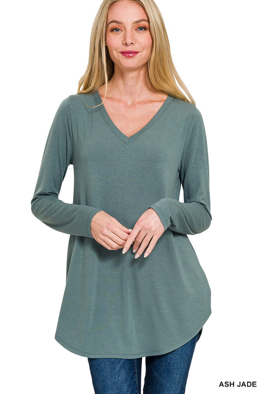 Long Sleeve V-Neck Round Hem Top--Ash Jade