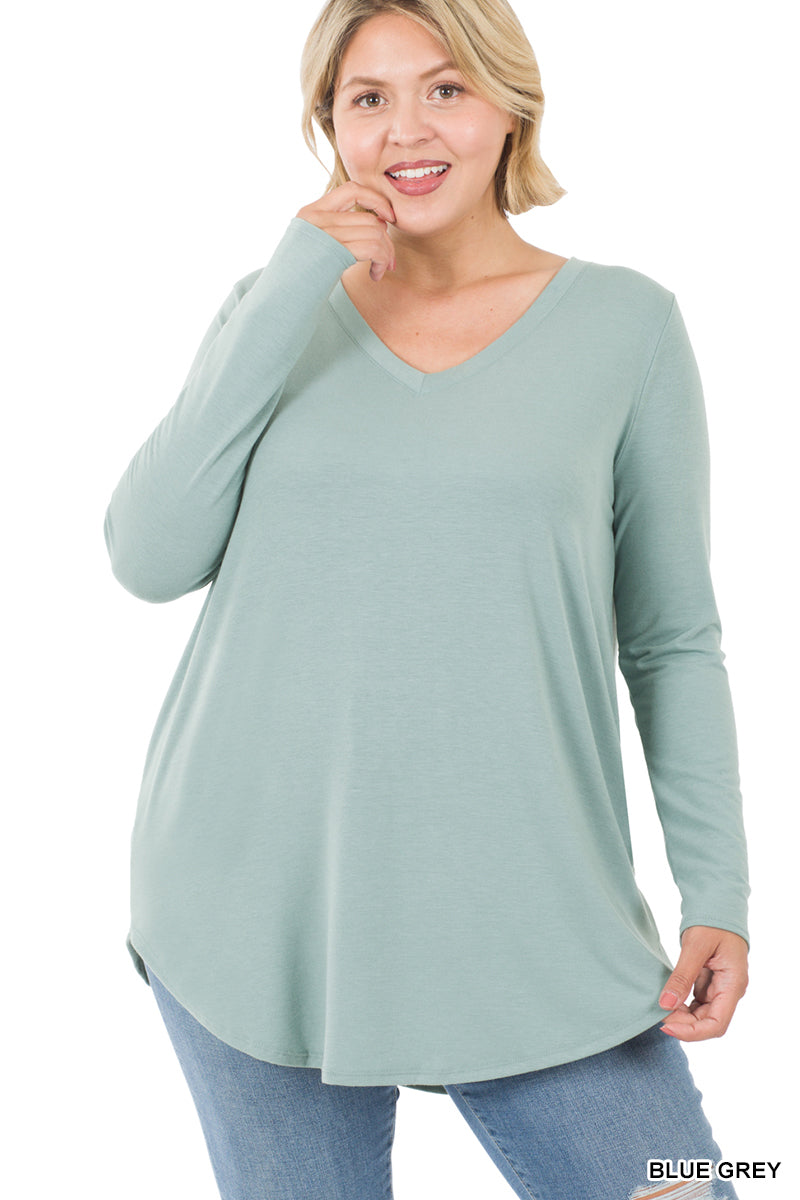 Long Sleeve V-Neck Round Hem Top--Blue Grey (PLUS)