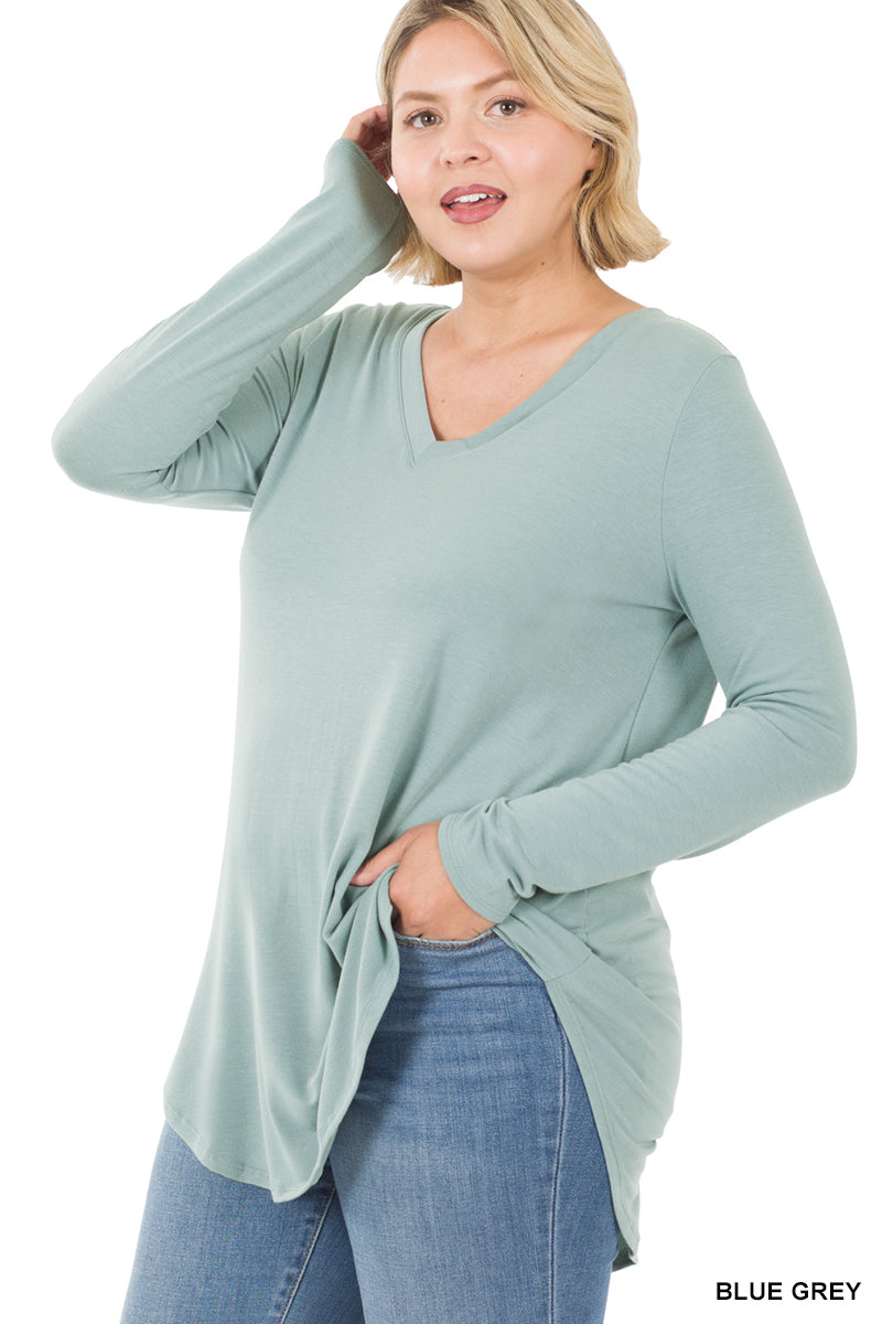 Long Sleeve V-Neck Round Hem Top--Blue Grey (PLUS)