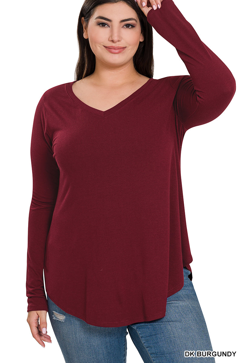 Long Sleeve V-Neck Round Hem Top--Dark Burgundy (PLUS)