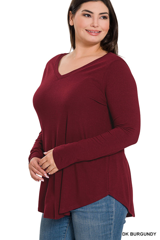 Long Sleeve V-Neck Round Hem Top--Dark Burgundy (PLUS)