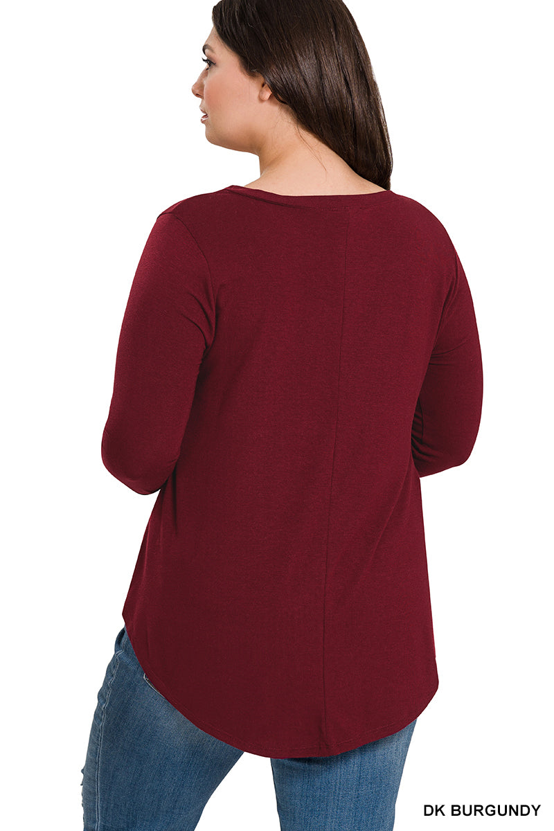 Long Sleeve V-Neck Round Hem Top--Dark Burgundy (PLUS)