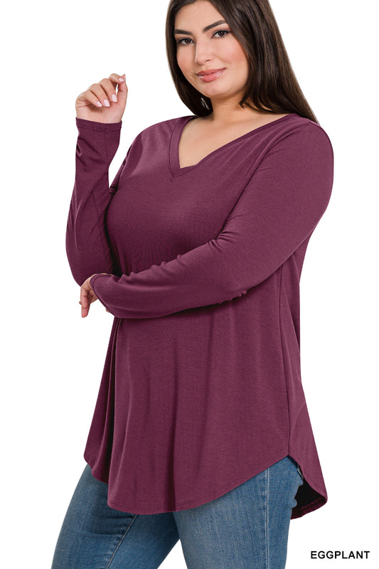 Long Sleeve V-Neck Round Hem Top--Eggplant (PLUS)