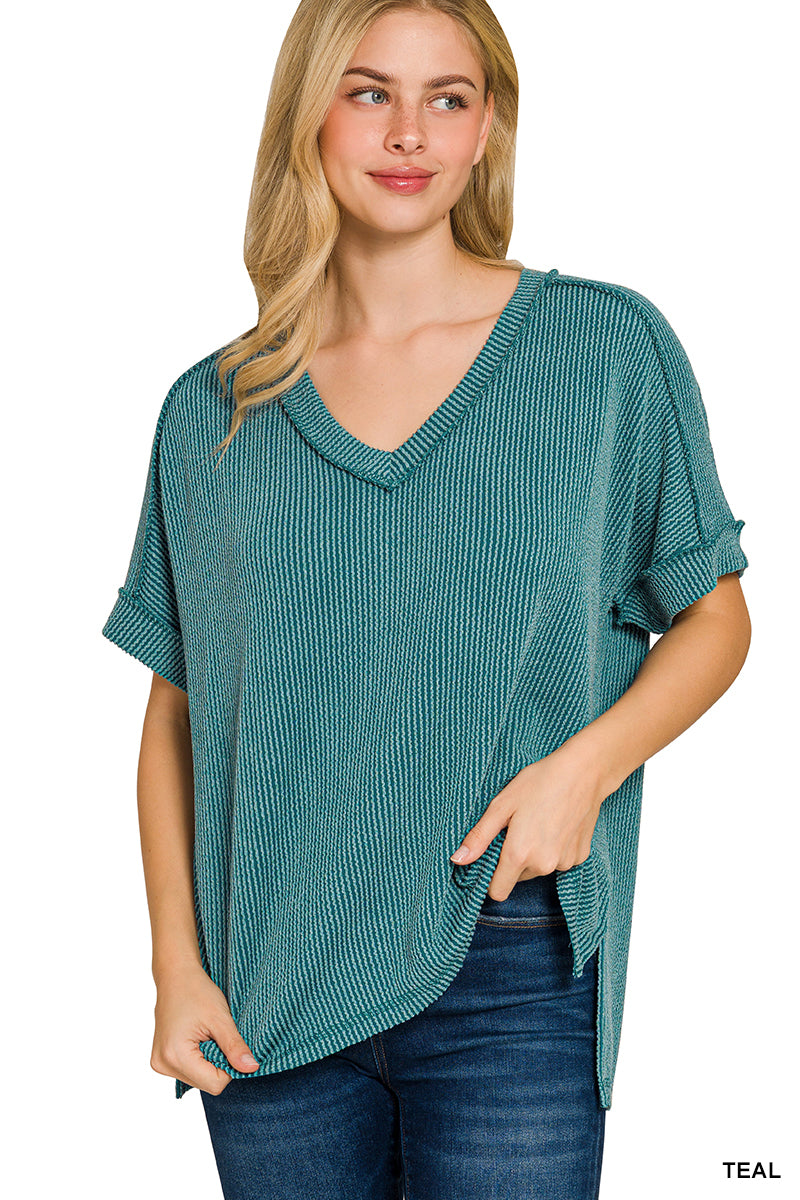 Teal Raised Rib Hi-Low V-Neck Top