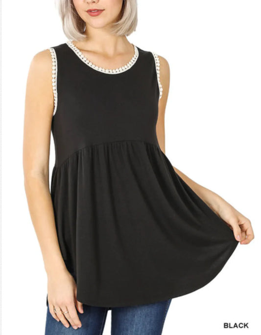 Black Babydoll Tank Top w/ Pom Detail