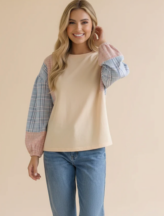 OATMEAL SOLID PULLOVER KNIT TOP W/ PLAID SLEEVES