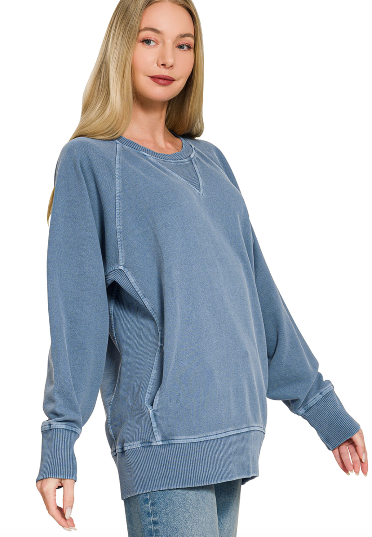 Dusty Blue French Terry Pullover With Pockets