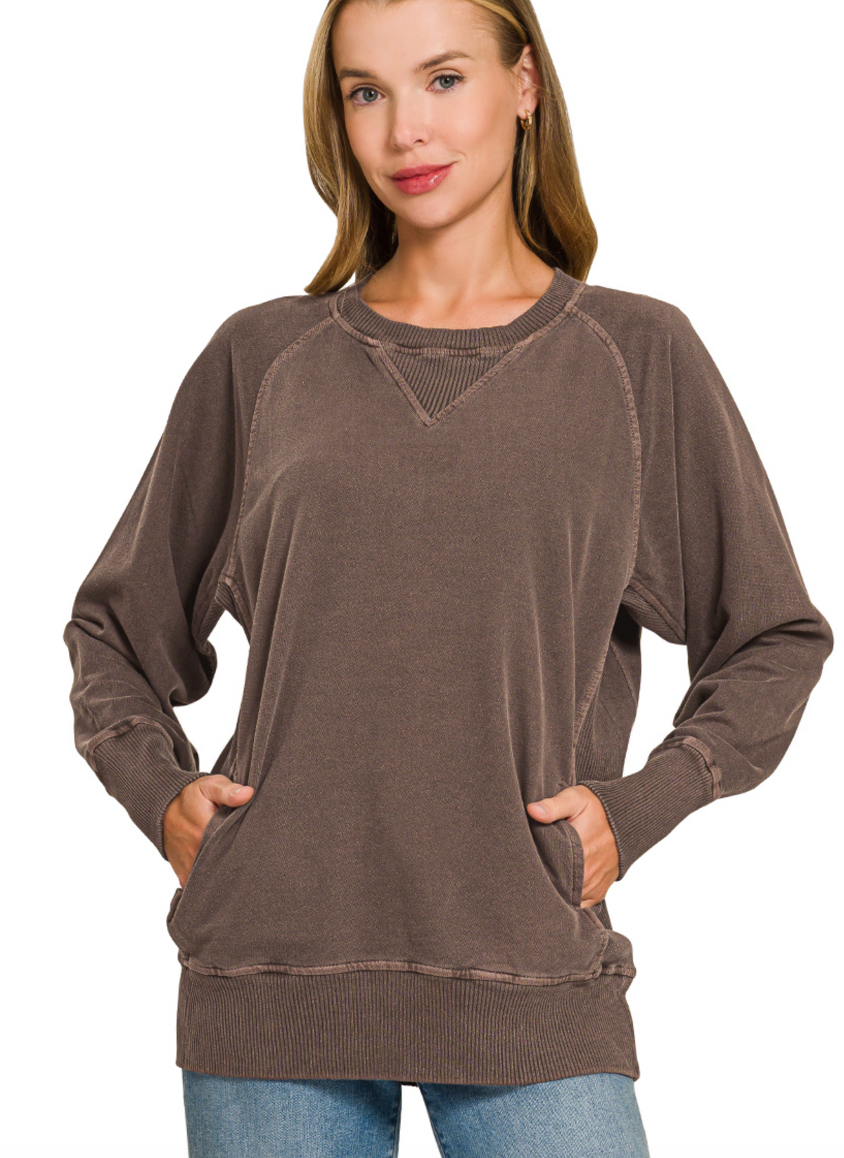 Chocolate French Terry Pullover With Pockets