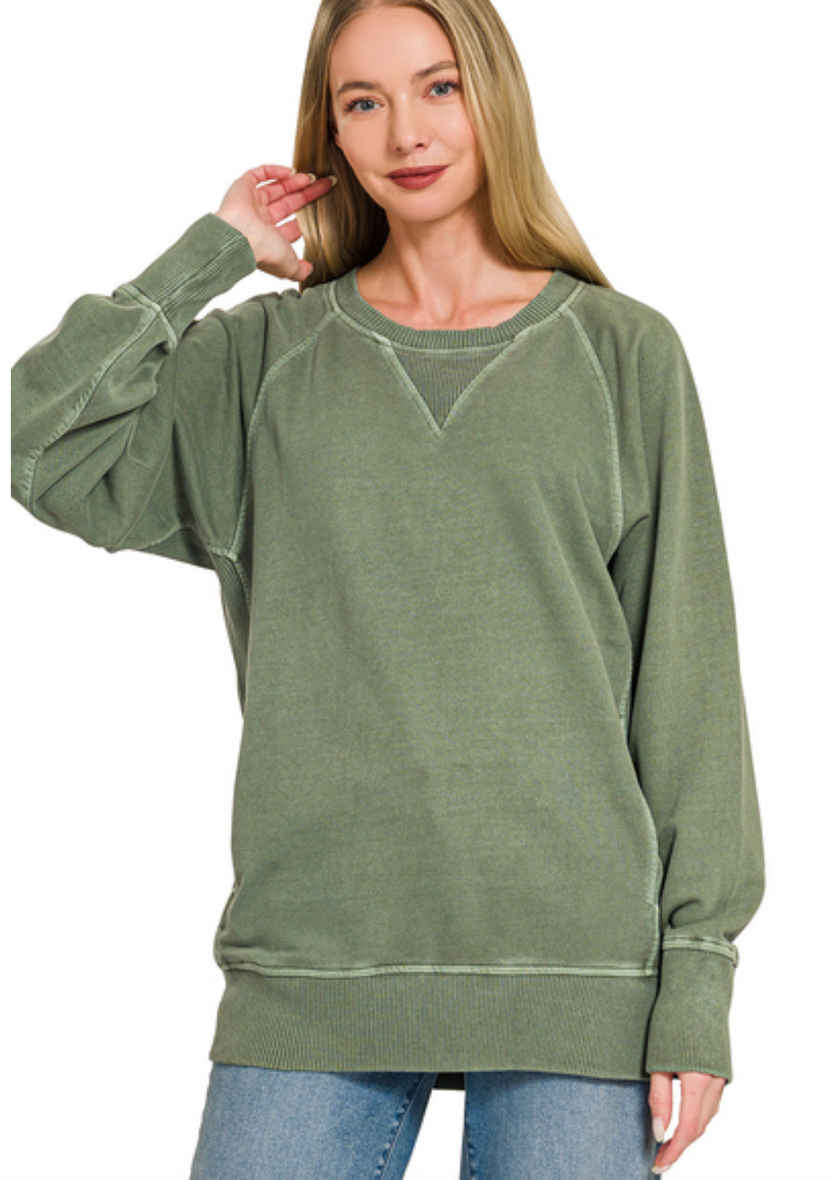 Army Green French Terry Pullover With Pockets