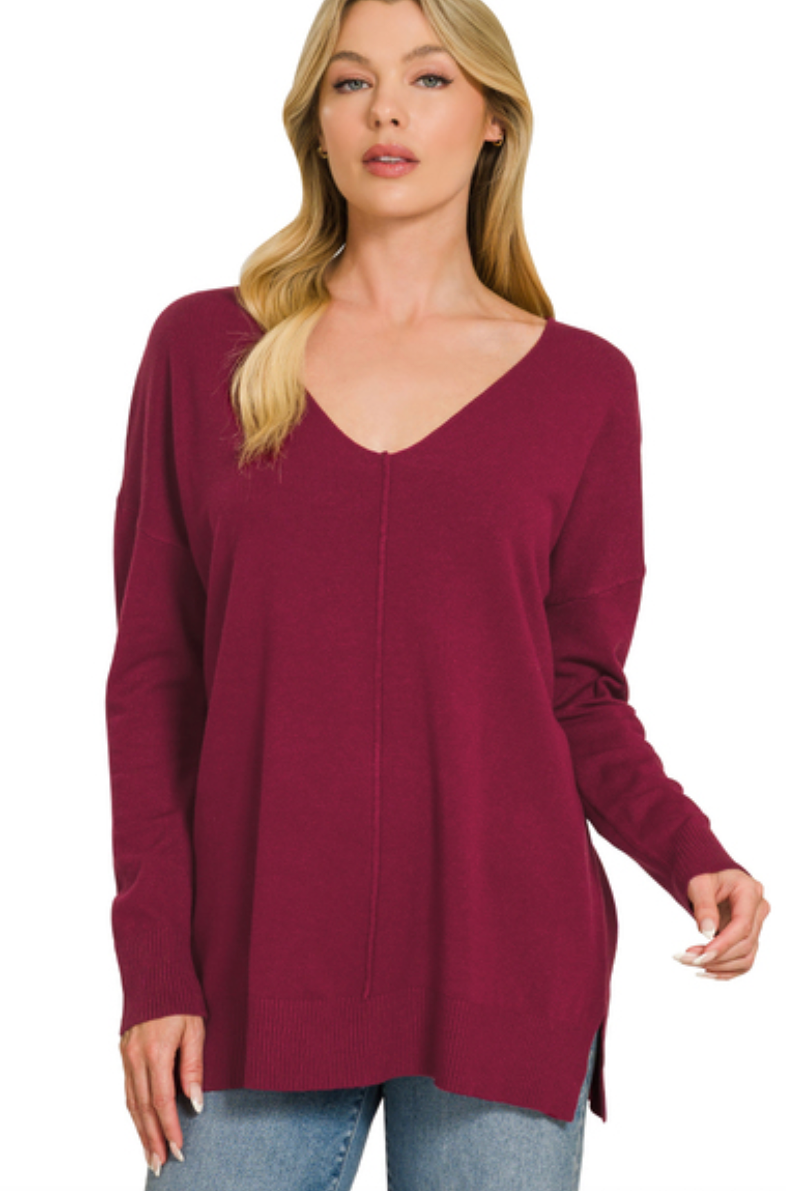 Dark Burgundy V-Neck Front Seam Sweater