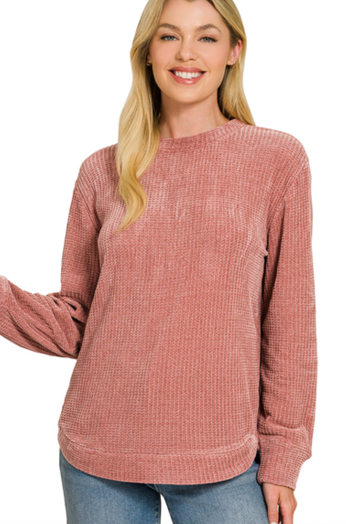 Winter Rose Chenille Waffle Round Neck Sweater