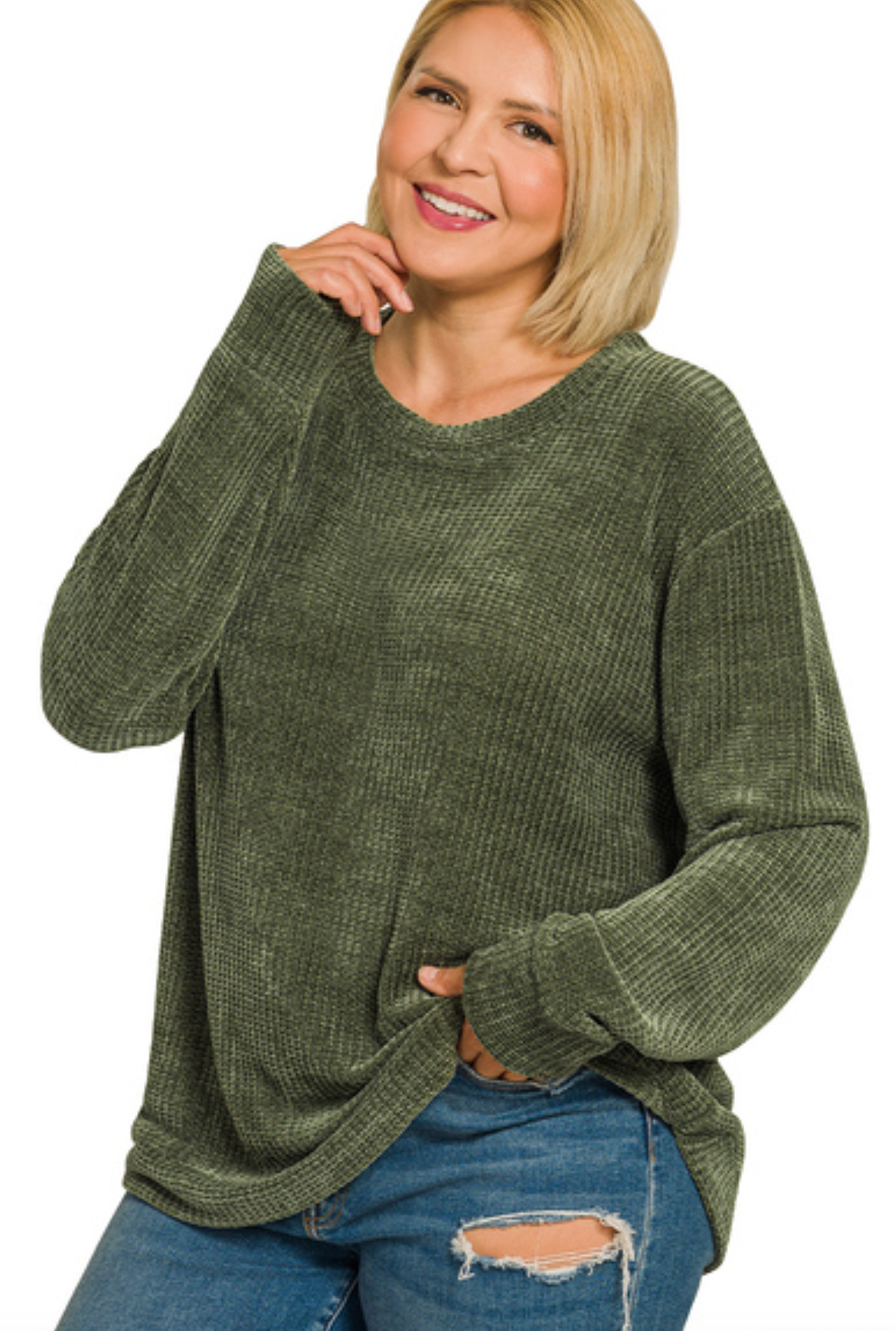 Dark Olive PLUS Chenille Waffle Round Neck Sweater