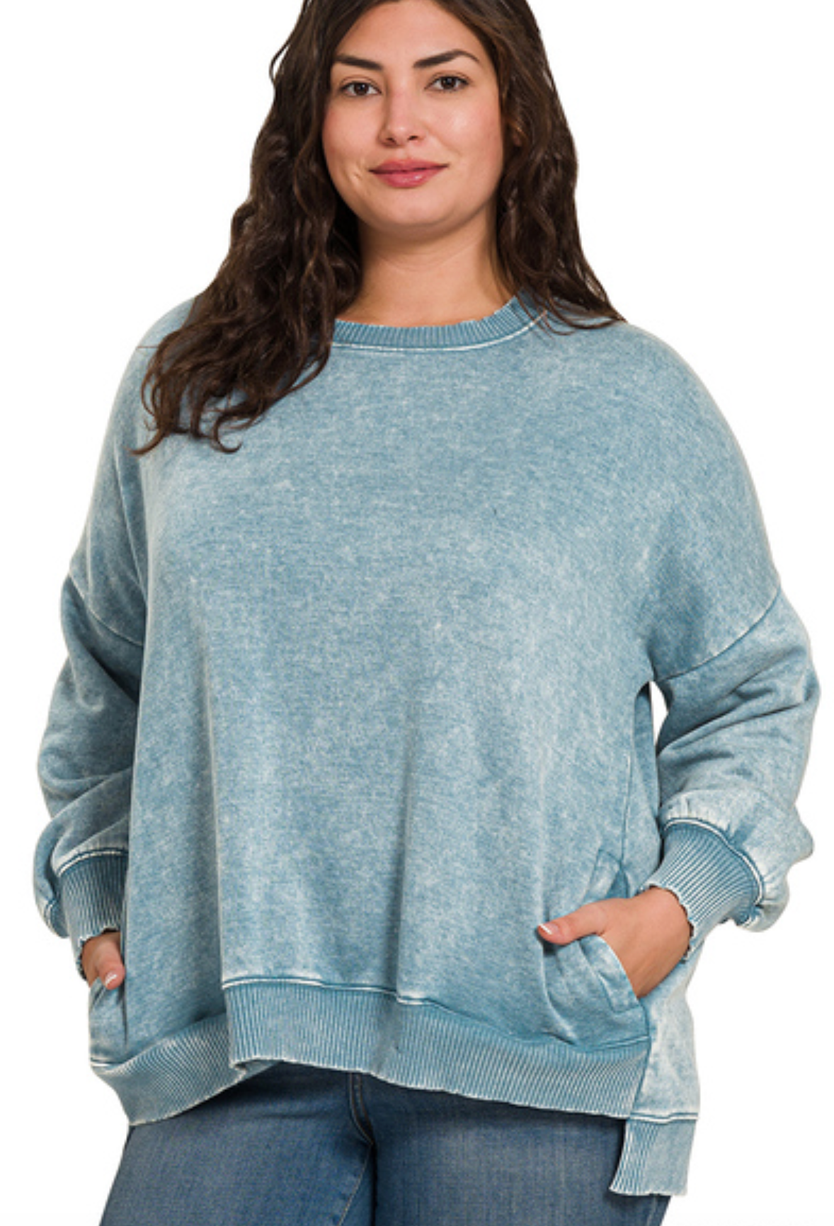 Blue Grey PLUS Acid Wash Fleece Hi-Low Hem Pocket Pullover