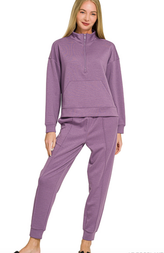 LIGHT EGGPLANT SCUBA HALF ZIP KANGAROO POCKET SWEATSHIRTS & PINTUCK JOGGERS SET