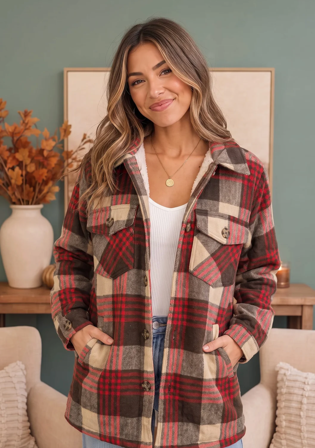 Khaki Red Plaid Sherpa Lined Shacket