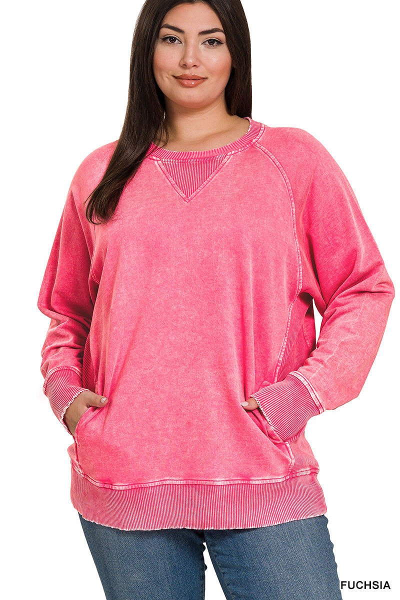 PLUS Fuchsia Acid Washed French Terry Pullover With Pockets