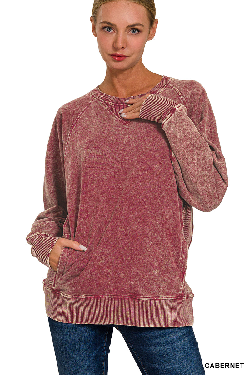 Cabernet Acid Washed French Terry Pullover With Pockets