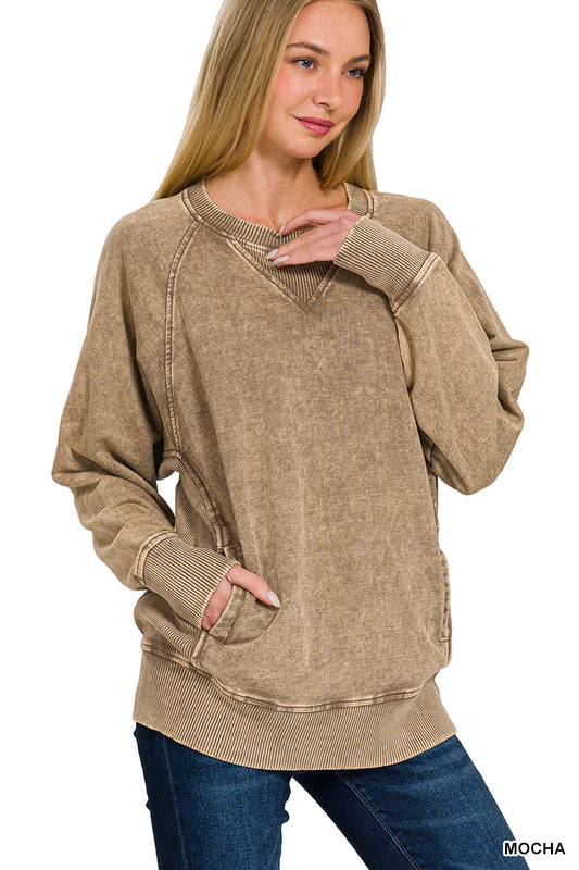 Acid Washed French Terry Pullover With Pockets--Mocha