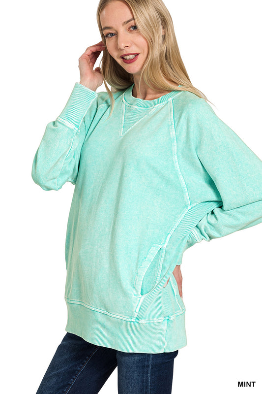 Halo Washed French Terry Round Neck Pullover--Mint