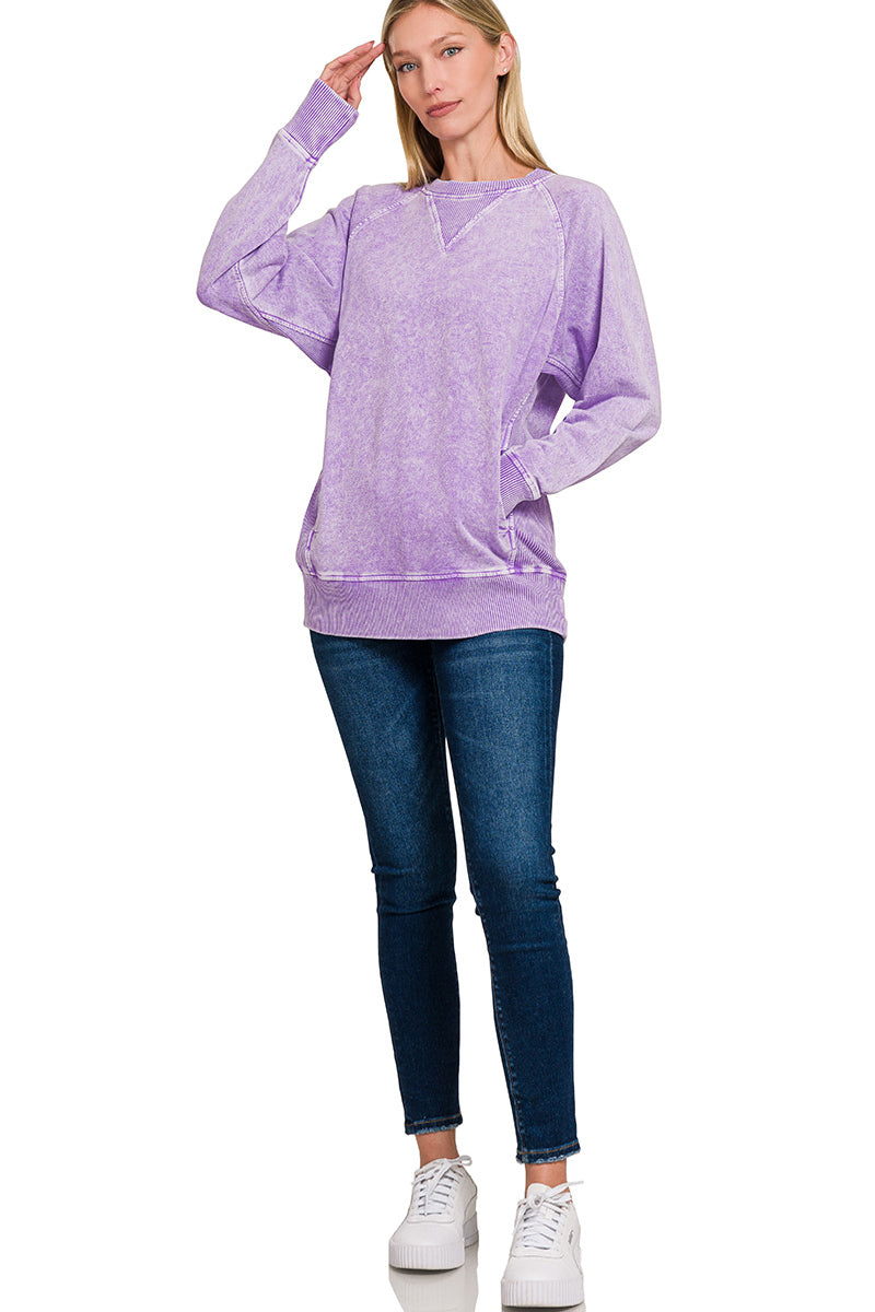 Violet Halo Washed French Terry Round Neck Pullover