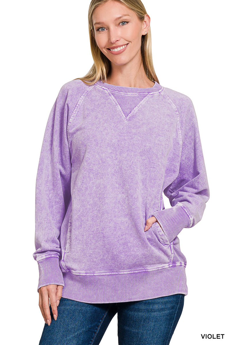 Violet Halo Washed French Terry Round Neck Pullover