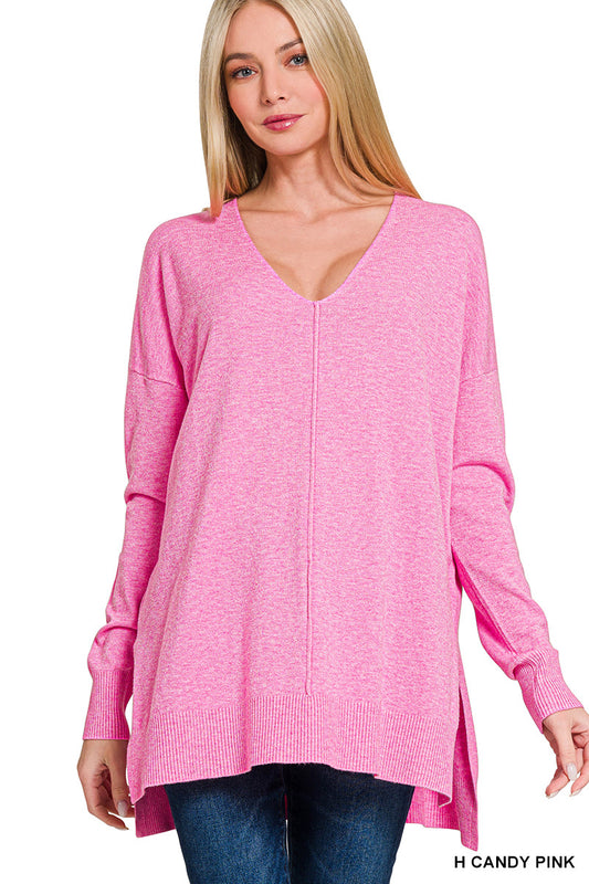 Candy Pink Hi-Low Center Seam Sweater
